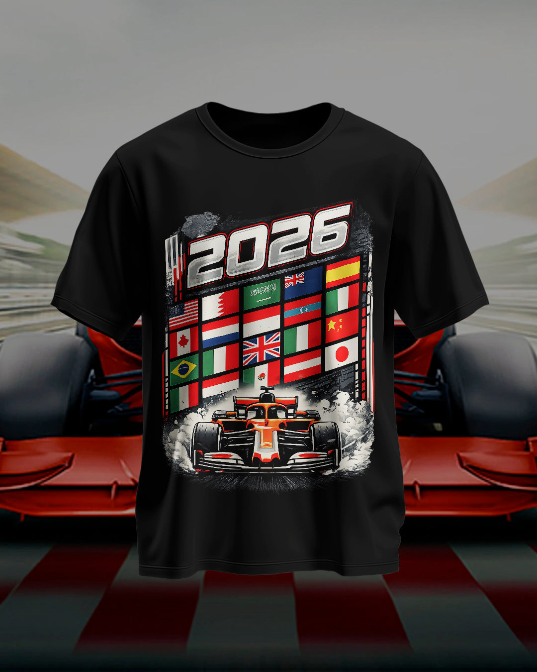 2026 Racing Flags Graphic T-Shirt – Black Tee