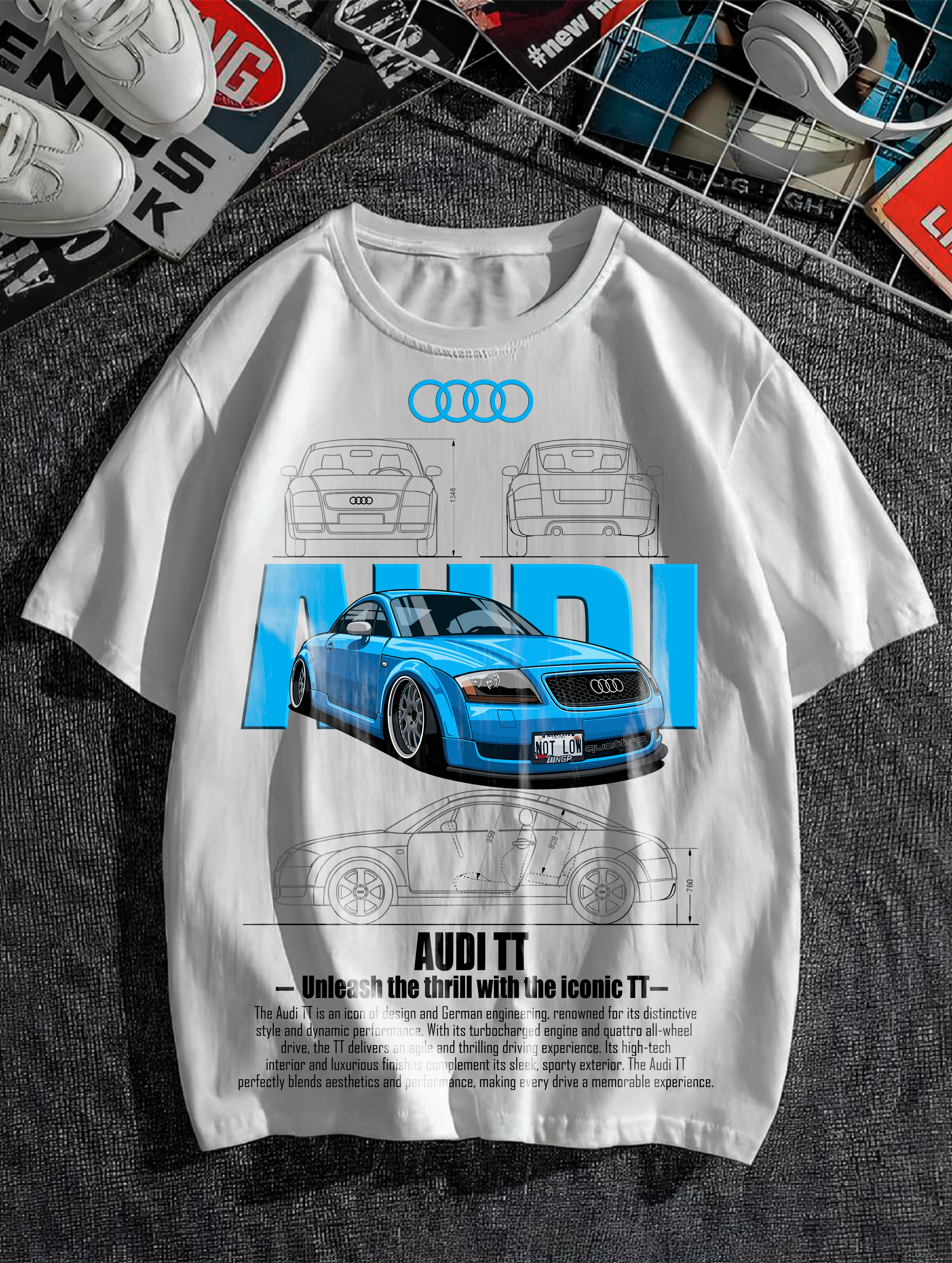 Blue Sports Car Inspired Graphic T-Shirt – White Tee