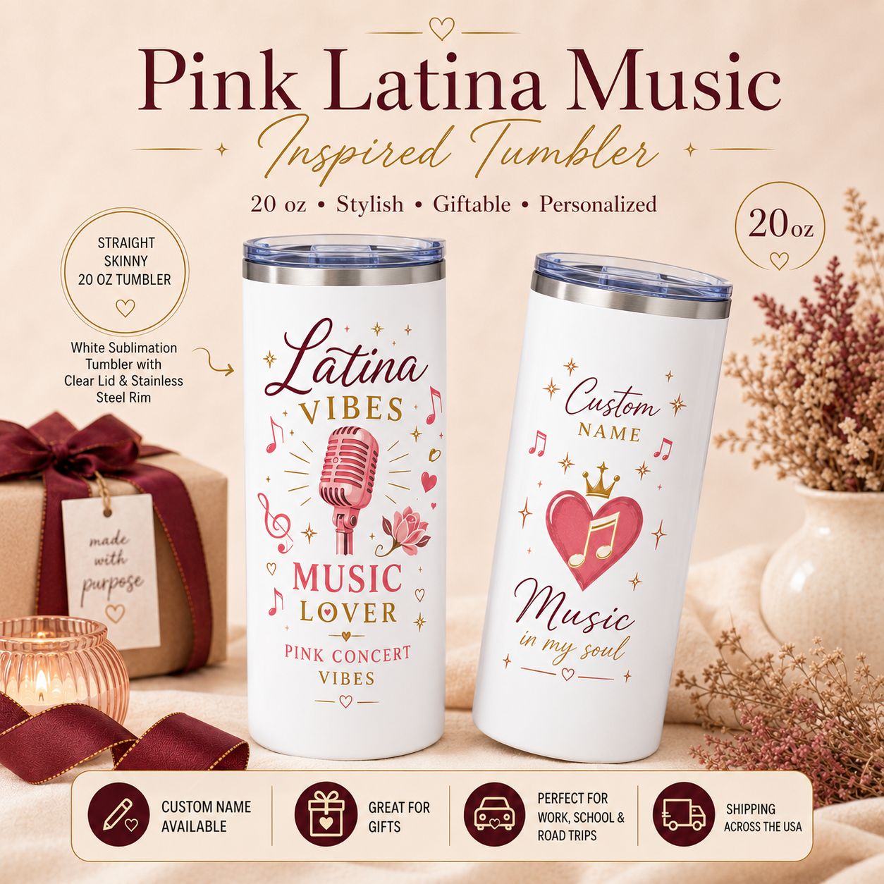 Pink Latina Music Inspired Tumbler - 20 oz Skinny Sublimation Cup
