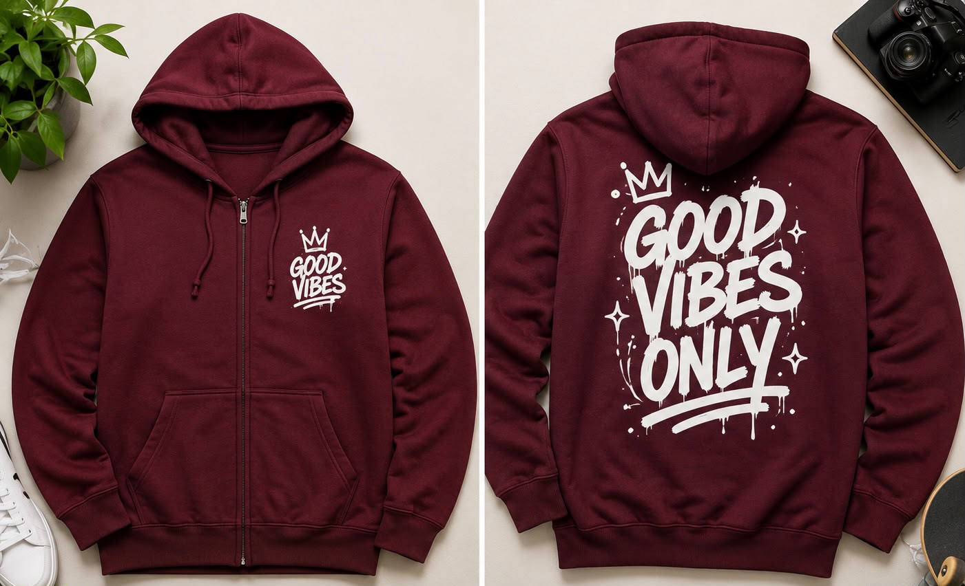 Burgundy Zip-Up Hoodie – Good Vibes Only