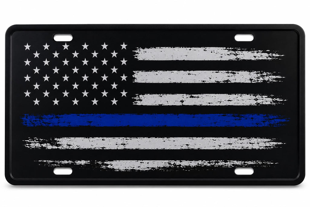 Black American Flag Front License Plate – Blue Line Design
