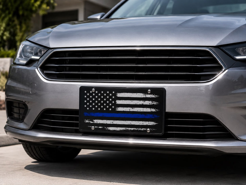 Black American Flag Front License Plate – Blue Line Design