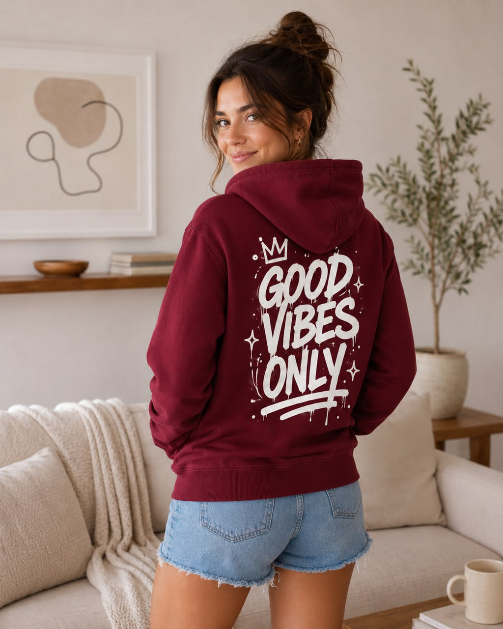 Burgundy Zip-Up Hoodie – Good Vibes Only