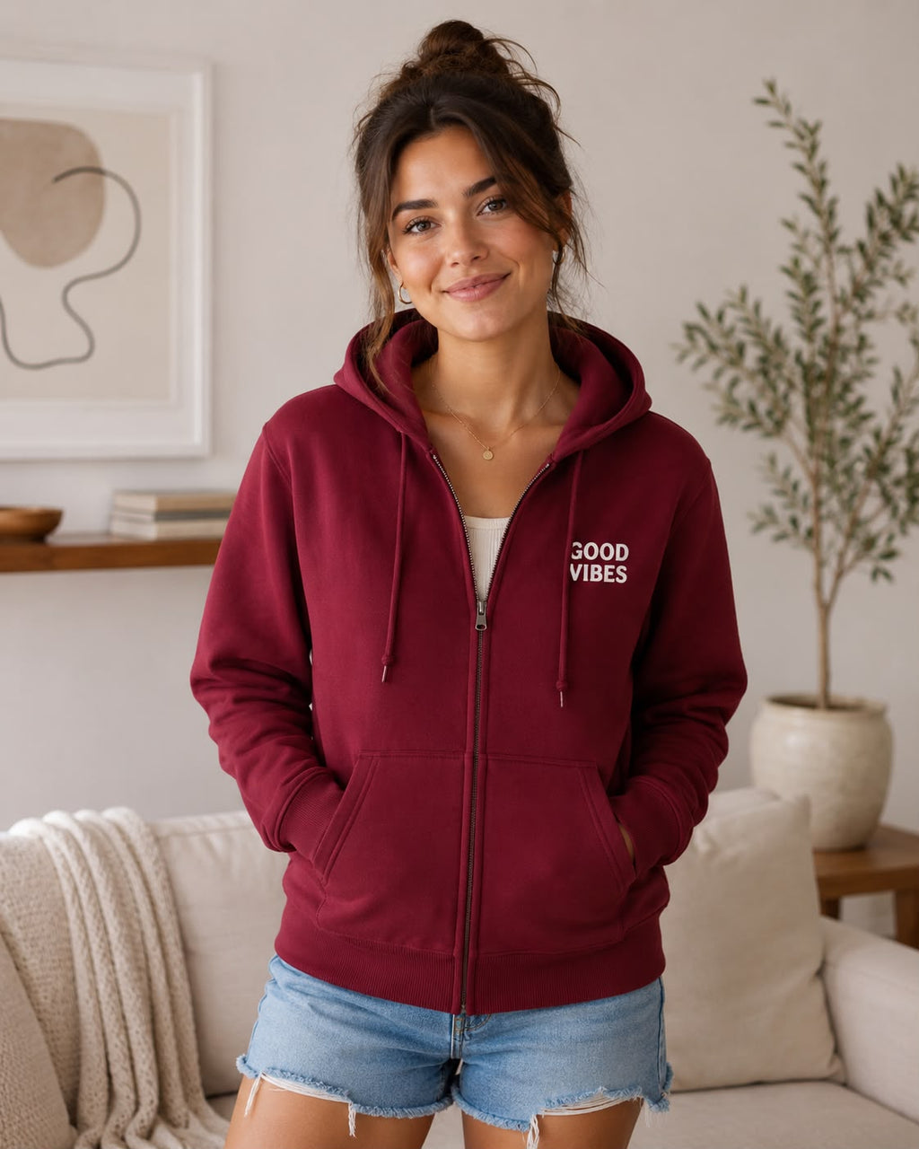 Burgundy Zip-Up Hoodie – Good Vibes Only