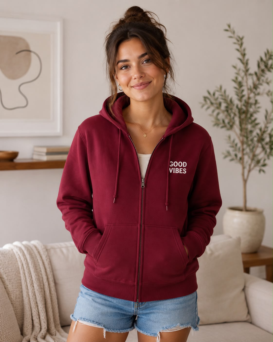 Burgundy Zip-Up Hoodie – Good Vibes Only
