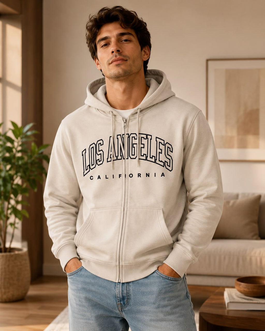 Los Angeles California Zip-Up Hoodie – Cream